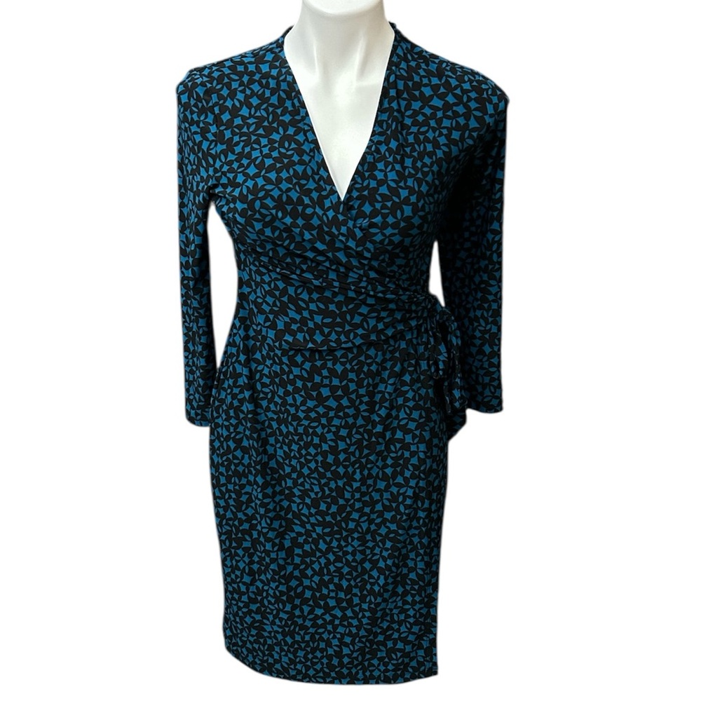 Anne Klein Blue & Black Print Long Sleeve Faux Wrap Dress - Size Small